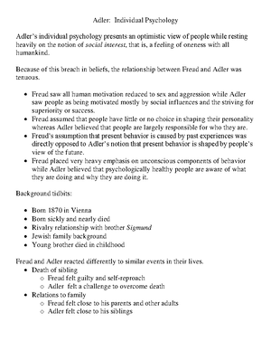Adler Summary Notes 1 - ALFRED ADLER: Individual Psychology Individual ...