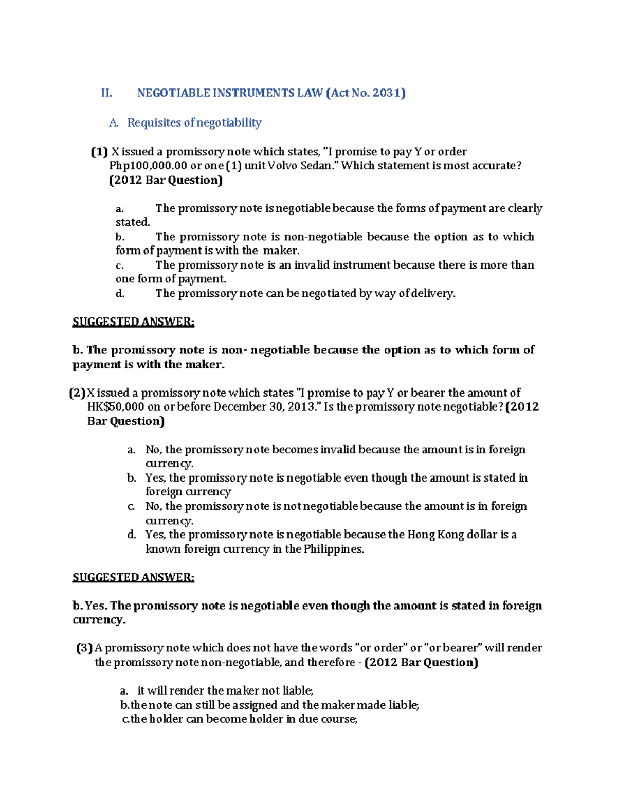 Pdfcoffee - SfSGdfbfggfh - II. NEGOTIABLE INSTRUMENTS LAW (Act No. 2031 ...