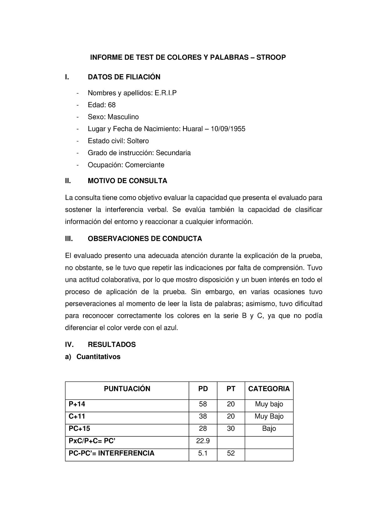 Informe De Test De Colores Y Palabras Caso E Informe De Test De Colores Y Palabras Stroop I 7076