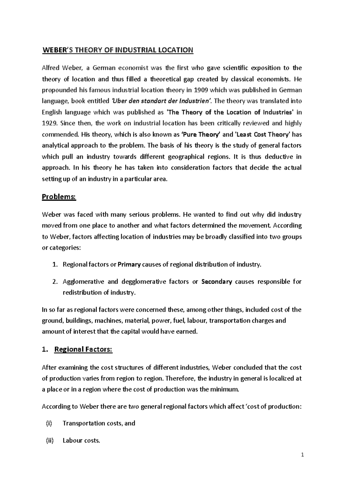Alfred weber lecture notes WEBER’S THEORY OF INDUSTRIAL LOCATION