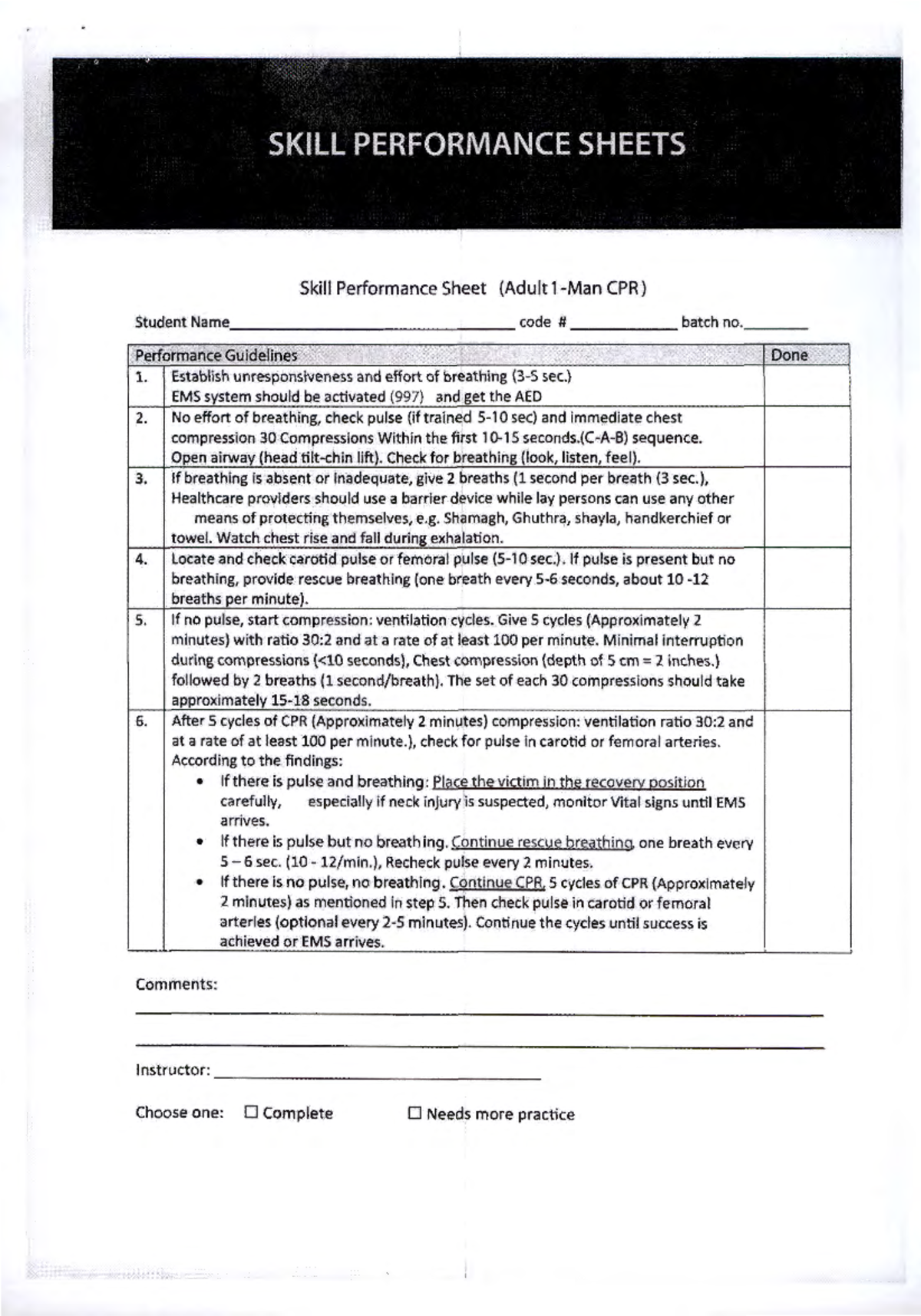 BLS Skill Performance Sheets Reading Material Skill Performance Sheet