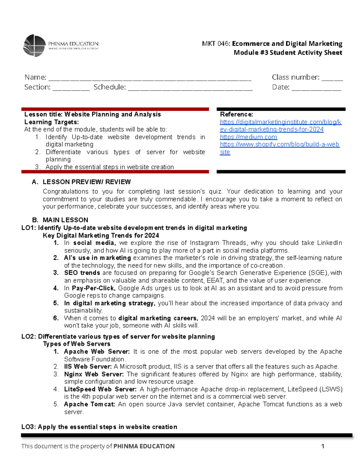 MKT046-SAS3 - lectures notes - Module #3 Student Activity Sheet Name ...