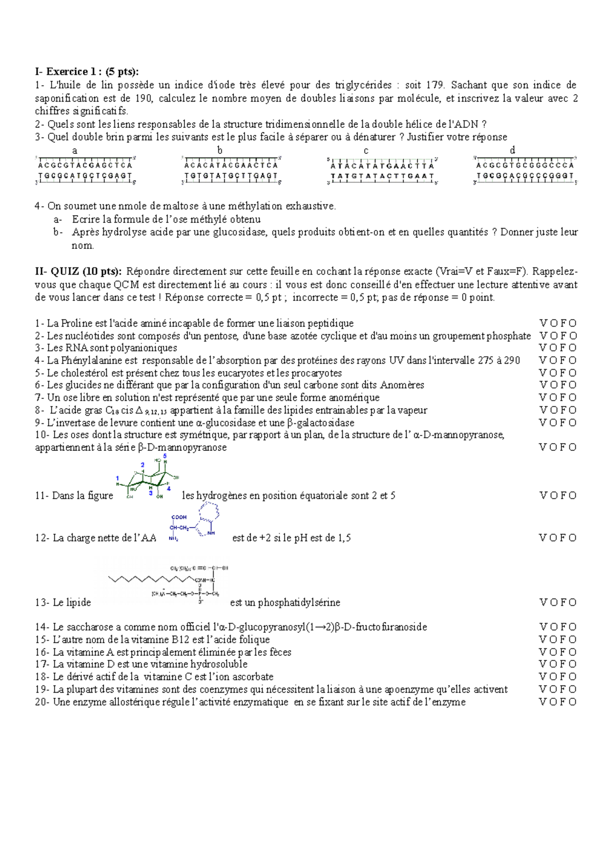 Examen De Biochimie Structurale - I- Exercice 1 : (5 Pts): 1- L'huile ...