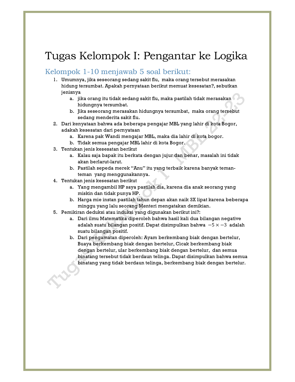 MBL Tugas Kelompok-p1 - Tugas Kelompok I: Pengantar Ke Logika Kelompok ...