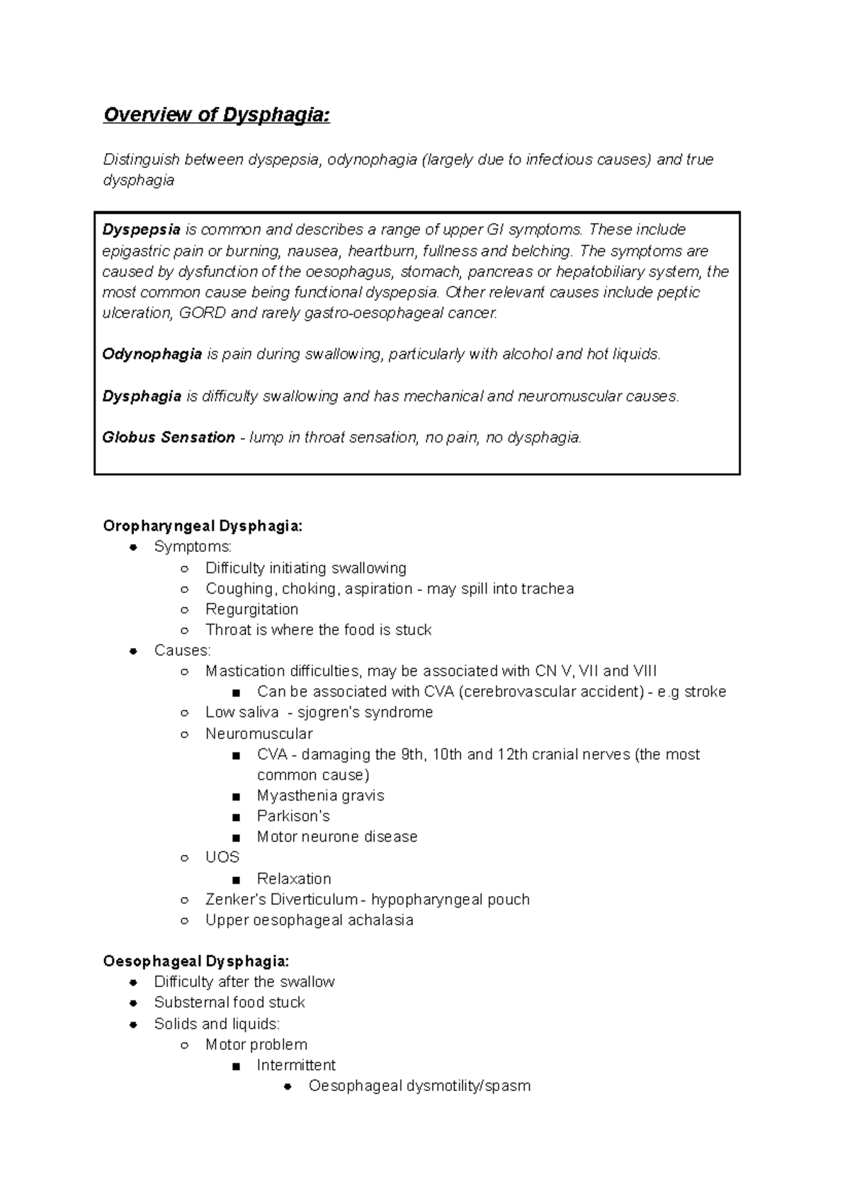 Dysphagia - Lecture notes Year 4 Digestive - Overview of Dysphagia ...
