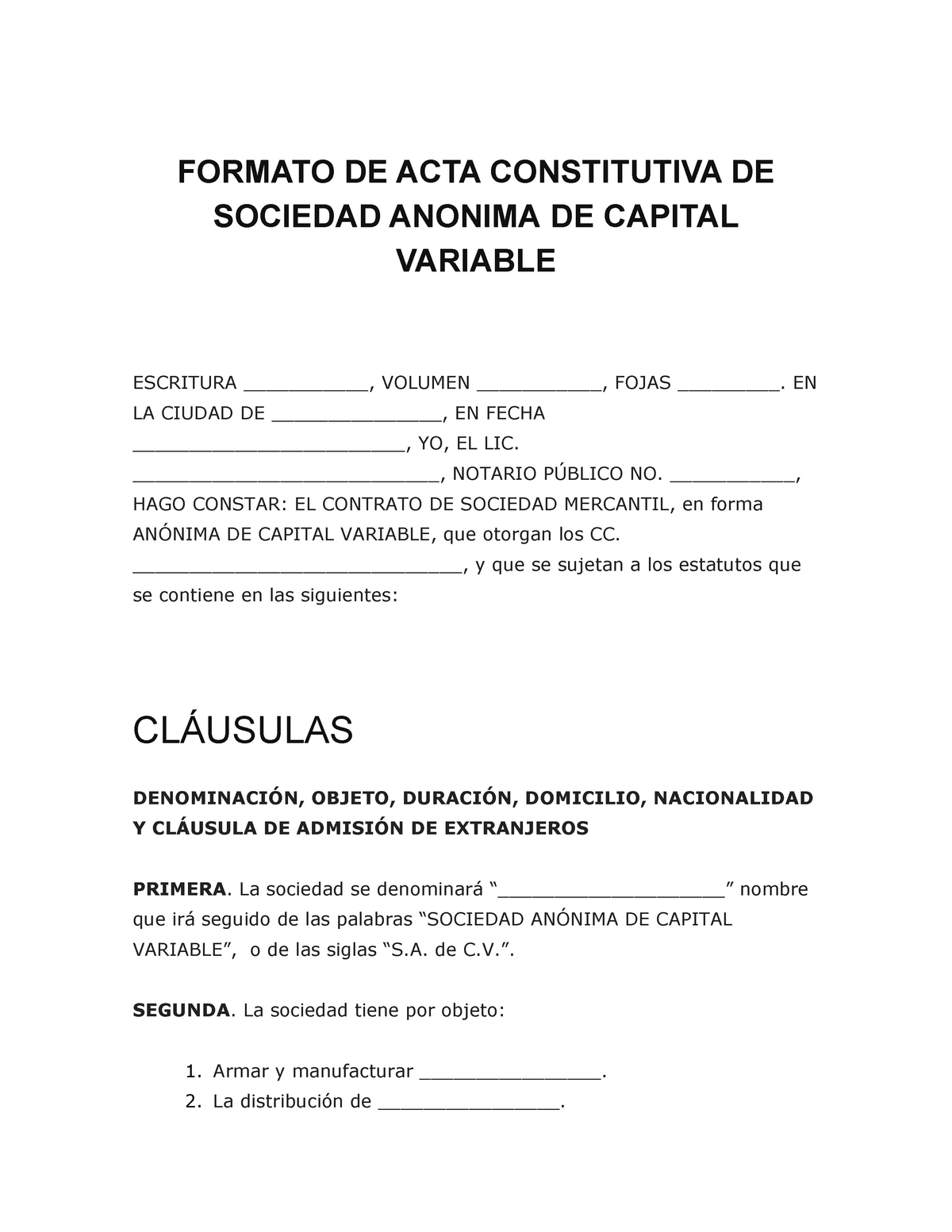 Mercantil - ACTA - FORMATO DE ACTA CONSTITUTIVA DE SOCIEDAD ANONIMA DE ...