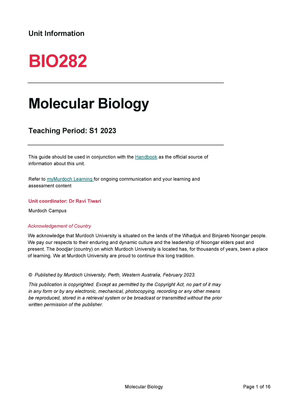 Unit Guide 2023 - Unit Information BIO Molecular Biology Teaching ...