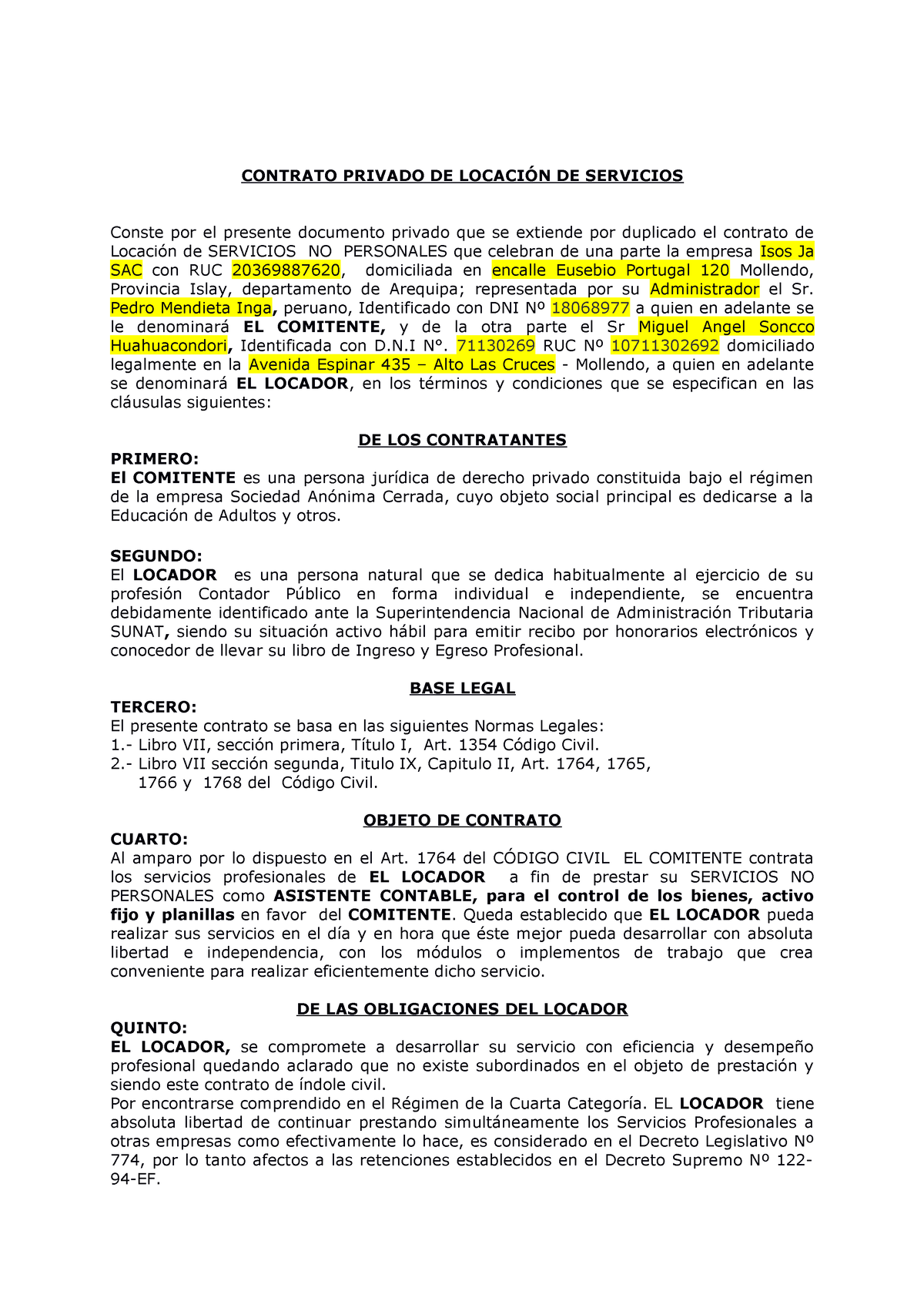 Modelo Contrato De Locacion Isos Contrato Privado De LocaciÓn De Servicios Conste Por El 0205