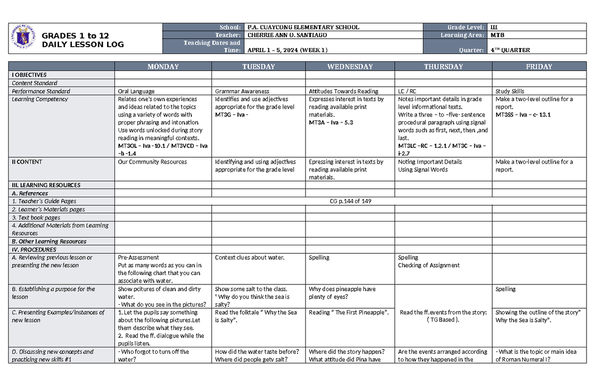 DLL MTB 3 Q4 W1 - GRADES 1 to 12 DAILY LESSON LOG School: P. CUAYCONG ...