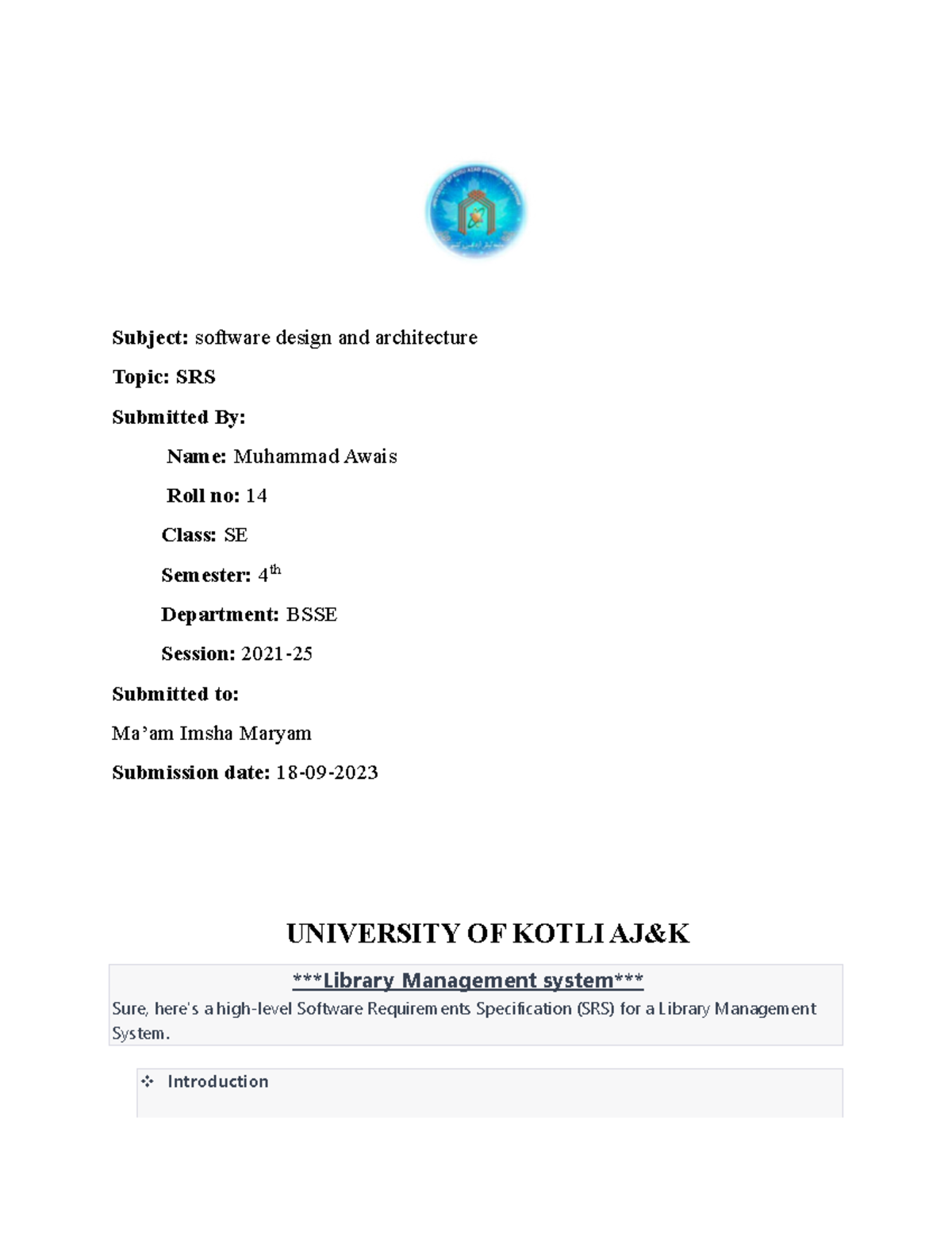 SRS Diagram of library management system - Subject: software design and ...
