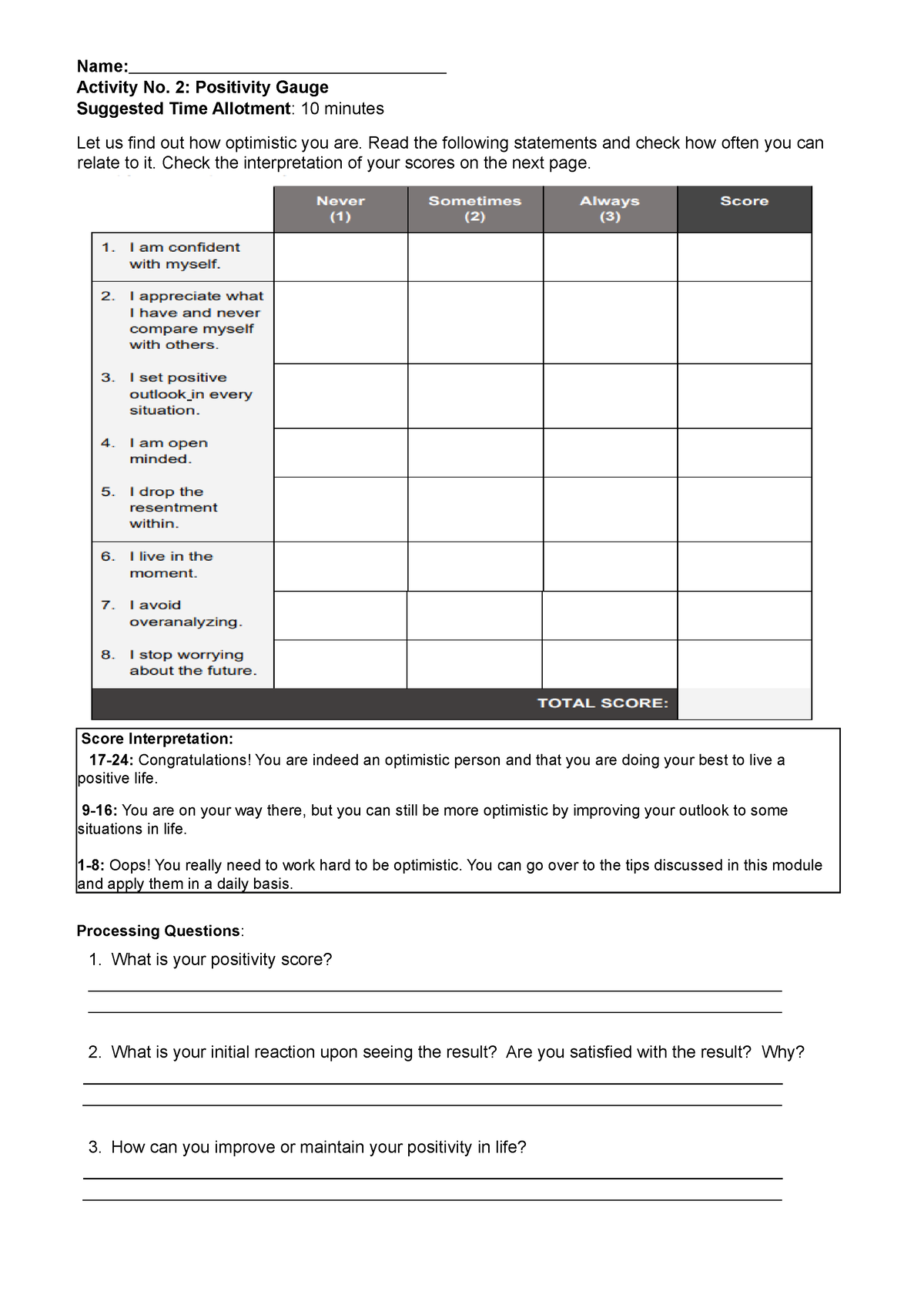 Act No. 1 - Name: Activity No. 2: Positivity Gauge Suggested Time ...