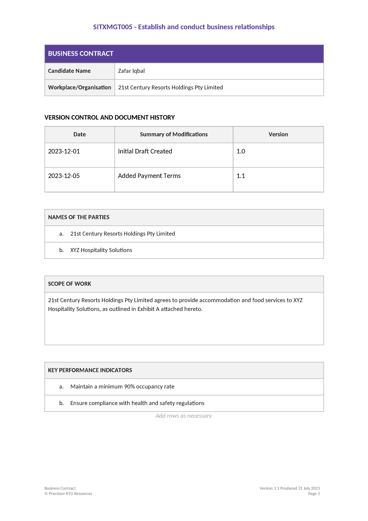 Sitxmgt 005 Business Contract v1 - SITXMGT005 - Establish and conduct ...