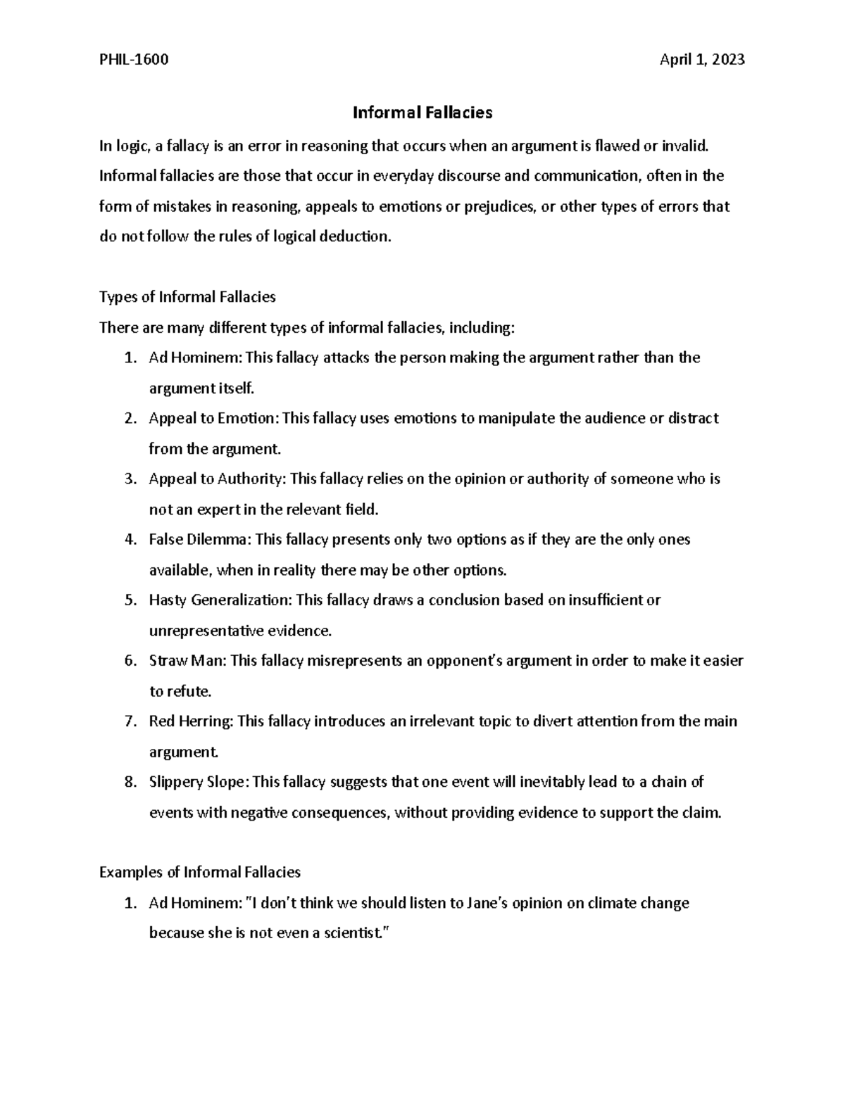 Informal Fallacies - PHIL-1600 April 1, 2023 Informal Fallacies In ...