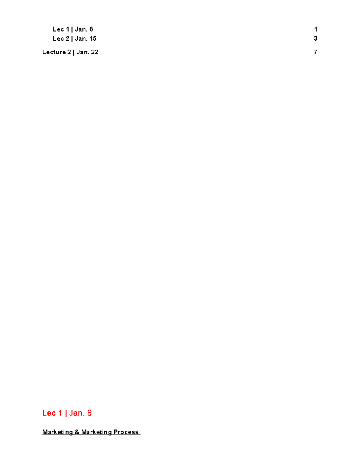 Marketing Notes - Marketing & Marketing Process Lec 1 | Jan. Lec 2 ...