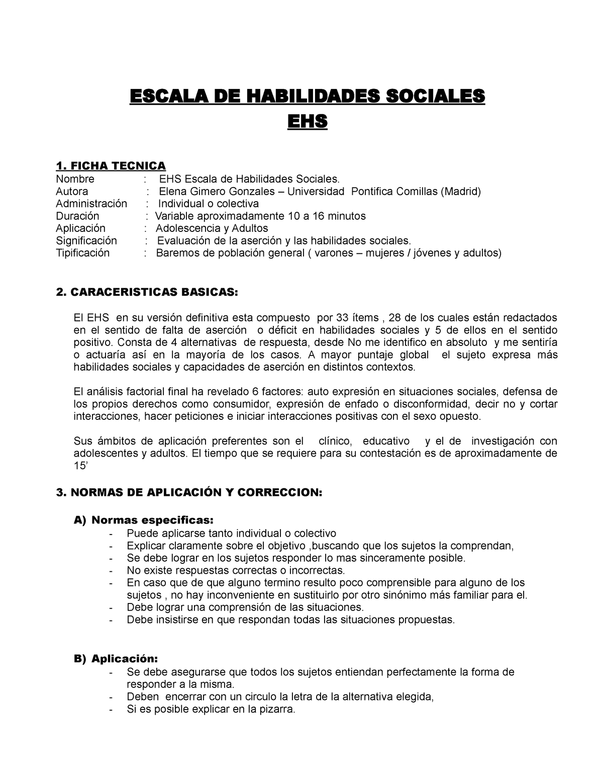 Escala De Habilidades Sociales Escala De Habilidades Sociales Ehs 1 Ficha Tecnica Nombre 8972