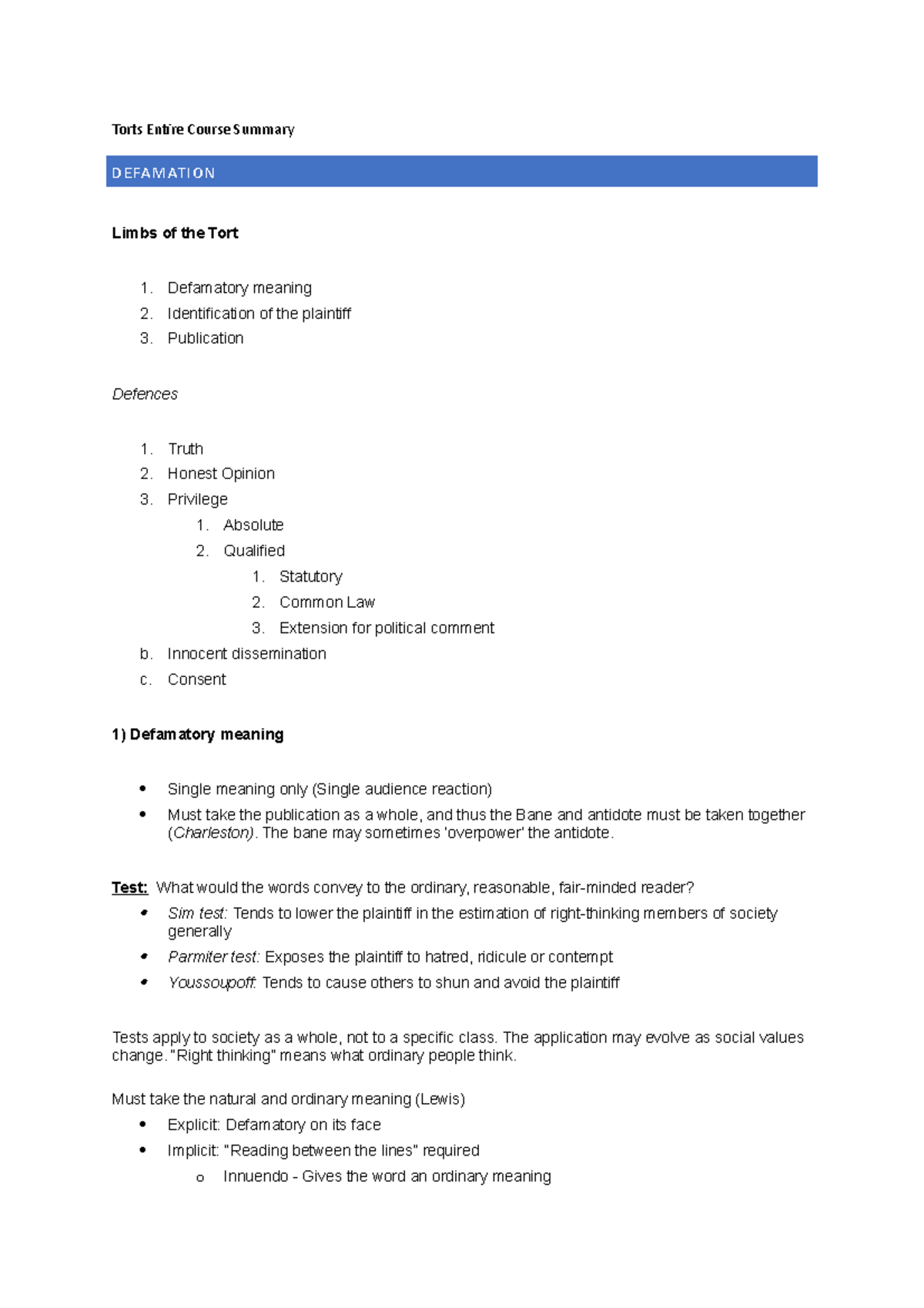 Torts Entire Course Summary and Cheat Sheet - Torts Entire Course ...