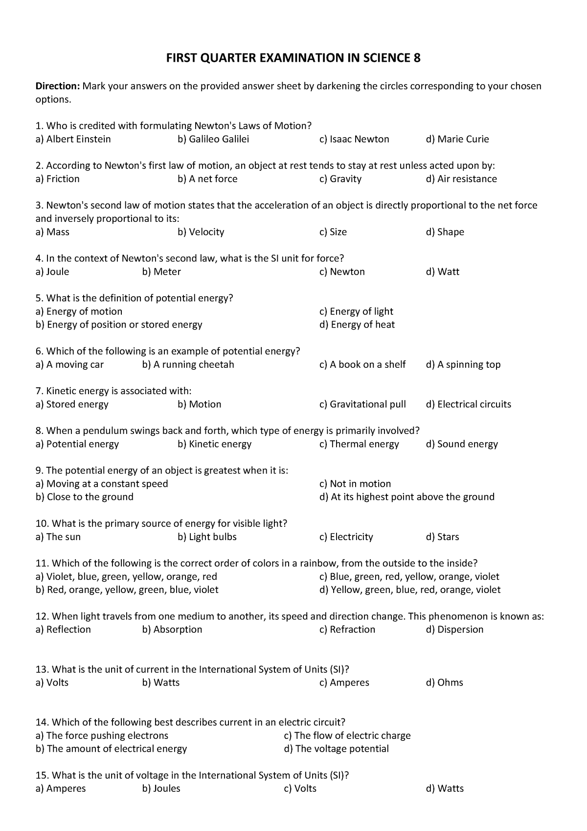 Science 8 1st Periodical Exam - FIRST QUARTER EXAMINATION IN SCIENCE 8 ...