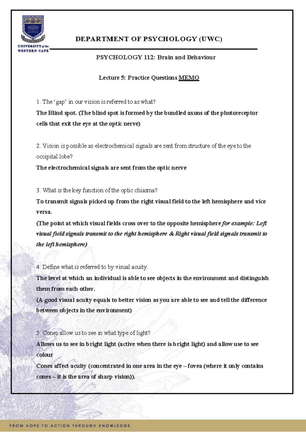 PSY112 Lecture 5 Practice questions Memo DEPARTMENT OF PSYCHOLOGY