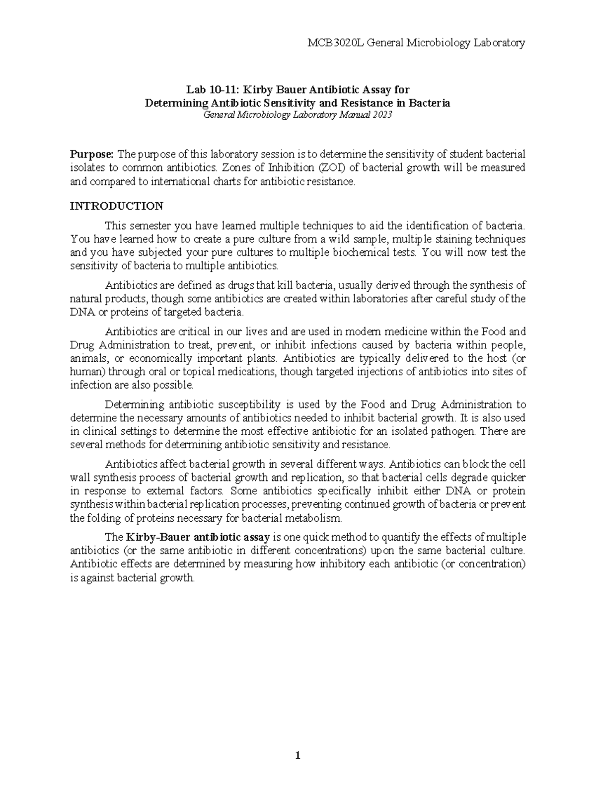 Spring 2023 General Micro Lab 1011 Kirby Bauer Antibiotic Assay Lab