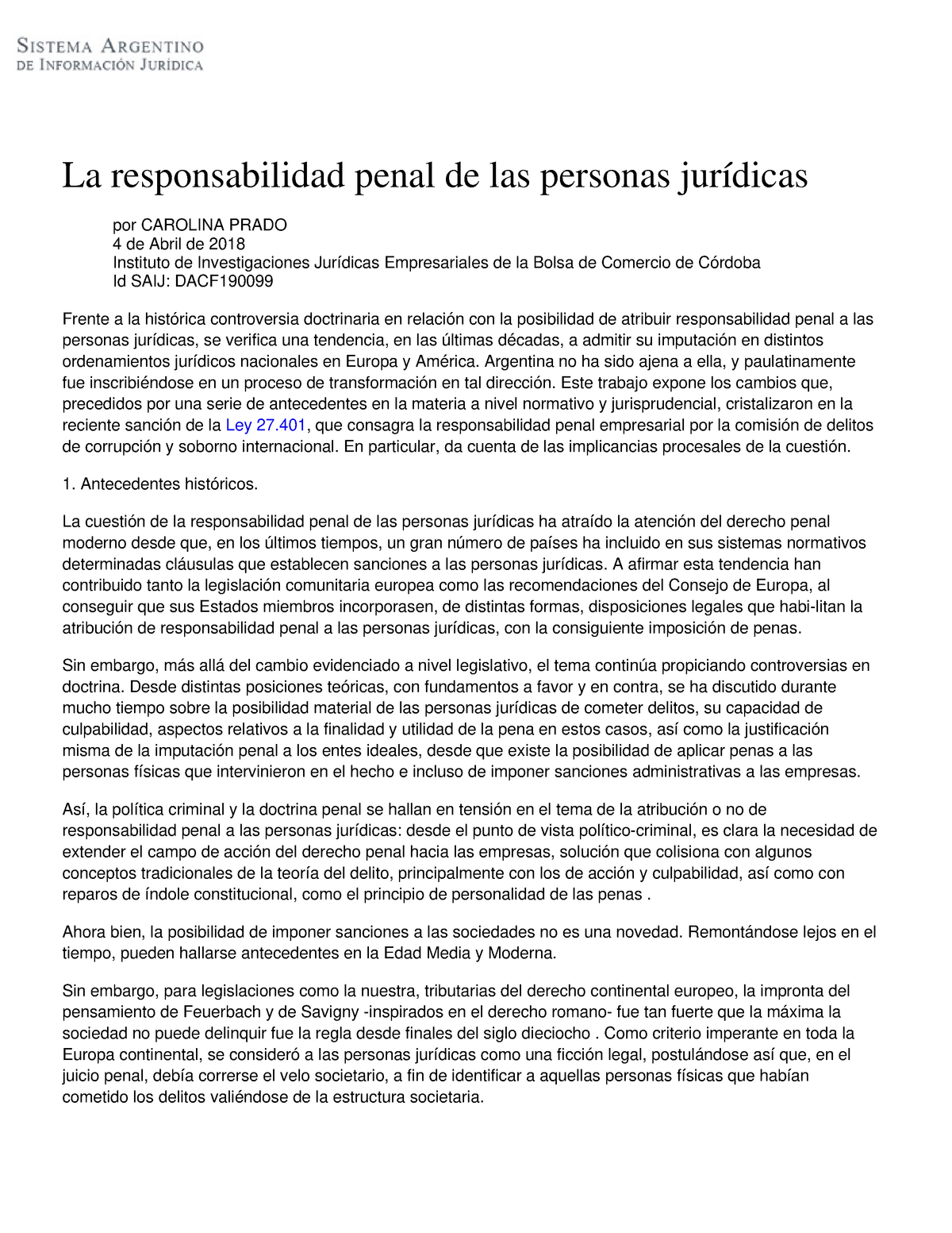 La Responsabilidad Penal De Las Personas Juridicas Argentina No Ha