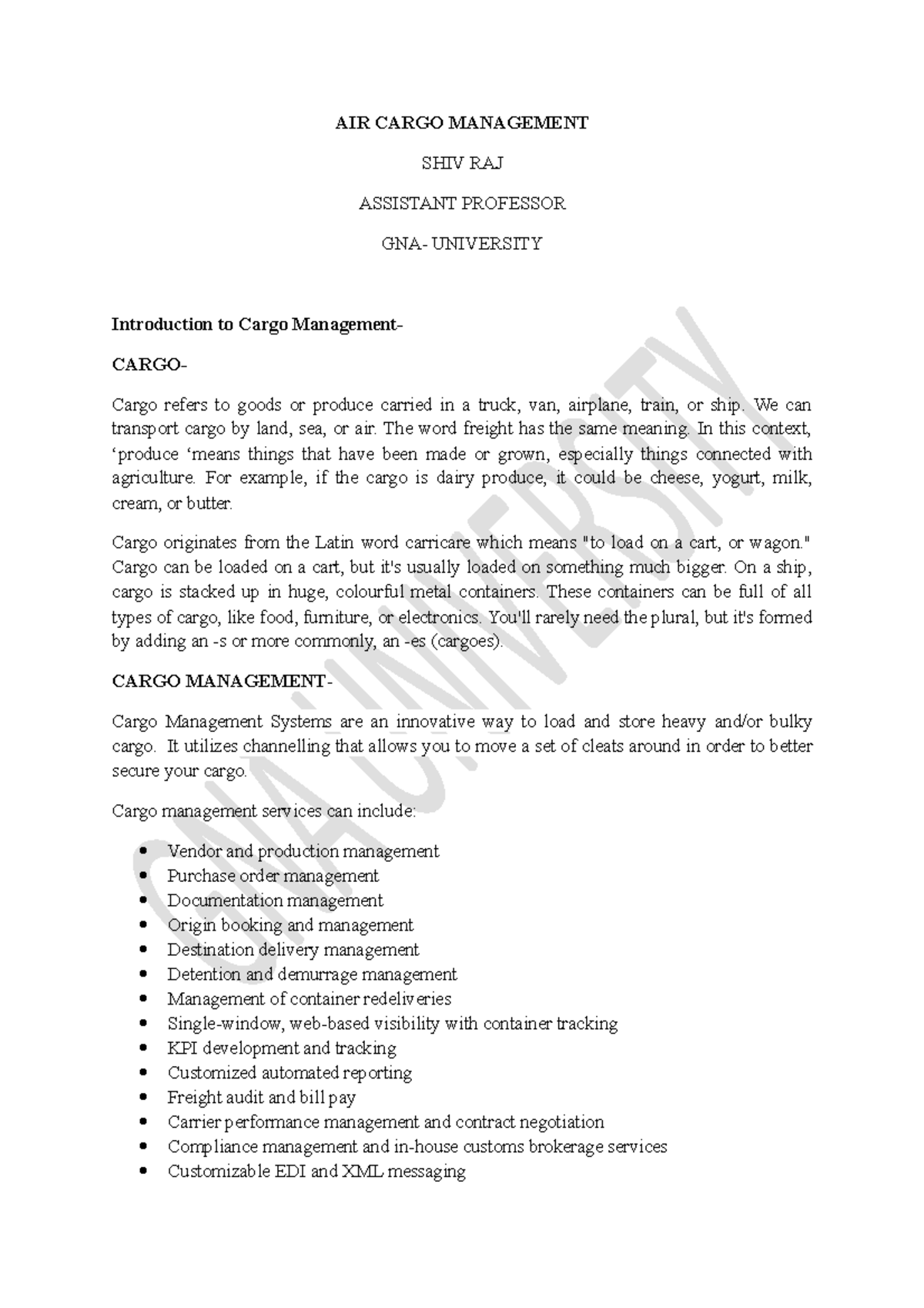 AIR Cargo Management Notes AIR CARGO MANAGEMENT SHIV RAJ ASSISTANT