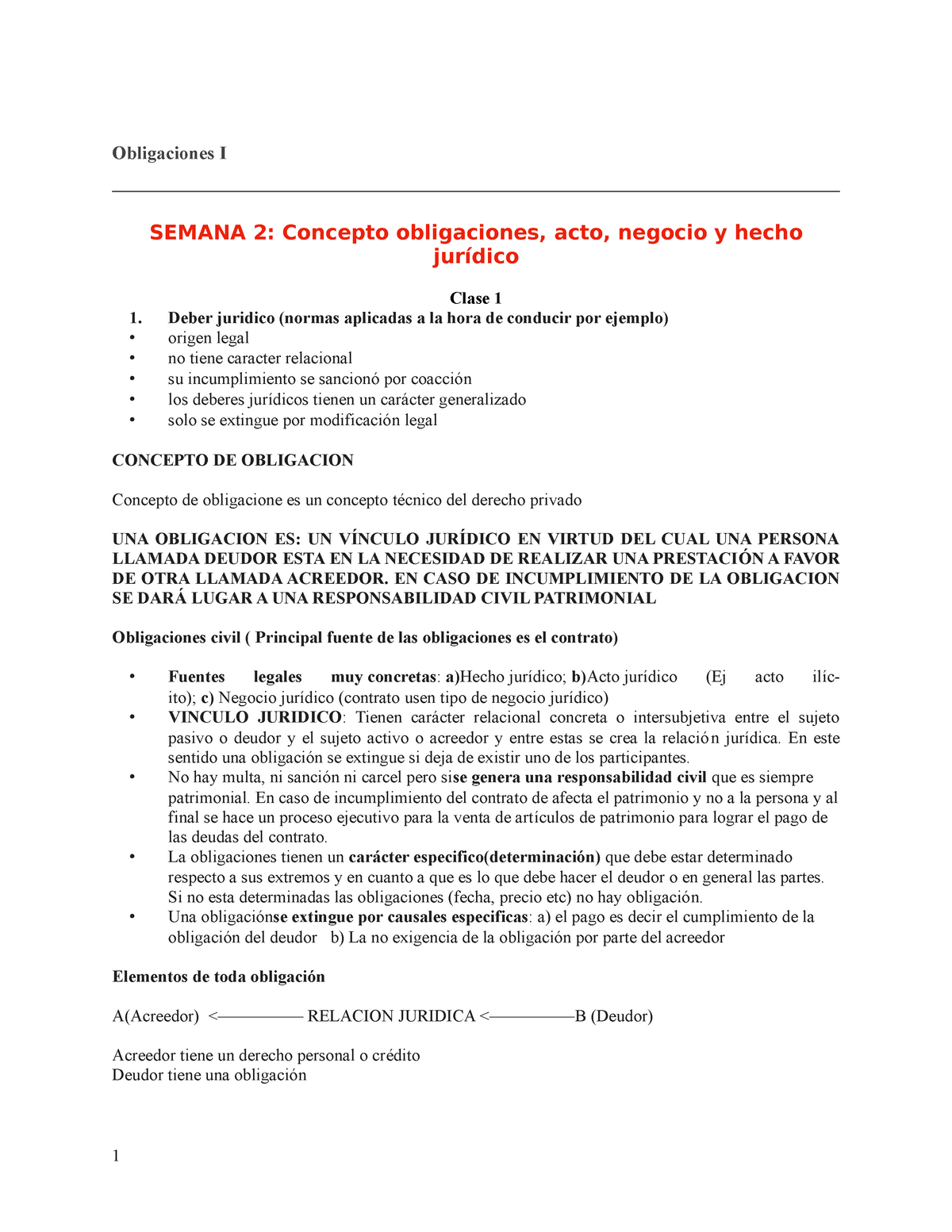 Obligaciones I Apuntes Obligaciones I Semana 2 Concepto Obligaciones Acto Negocio Y Hecho 0276