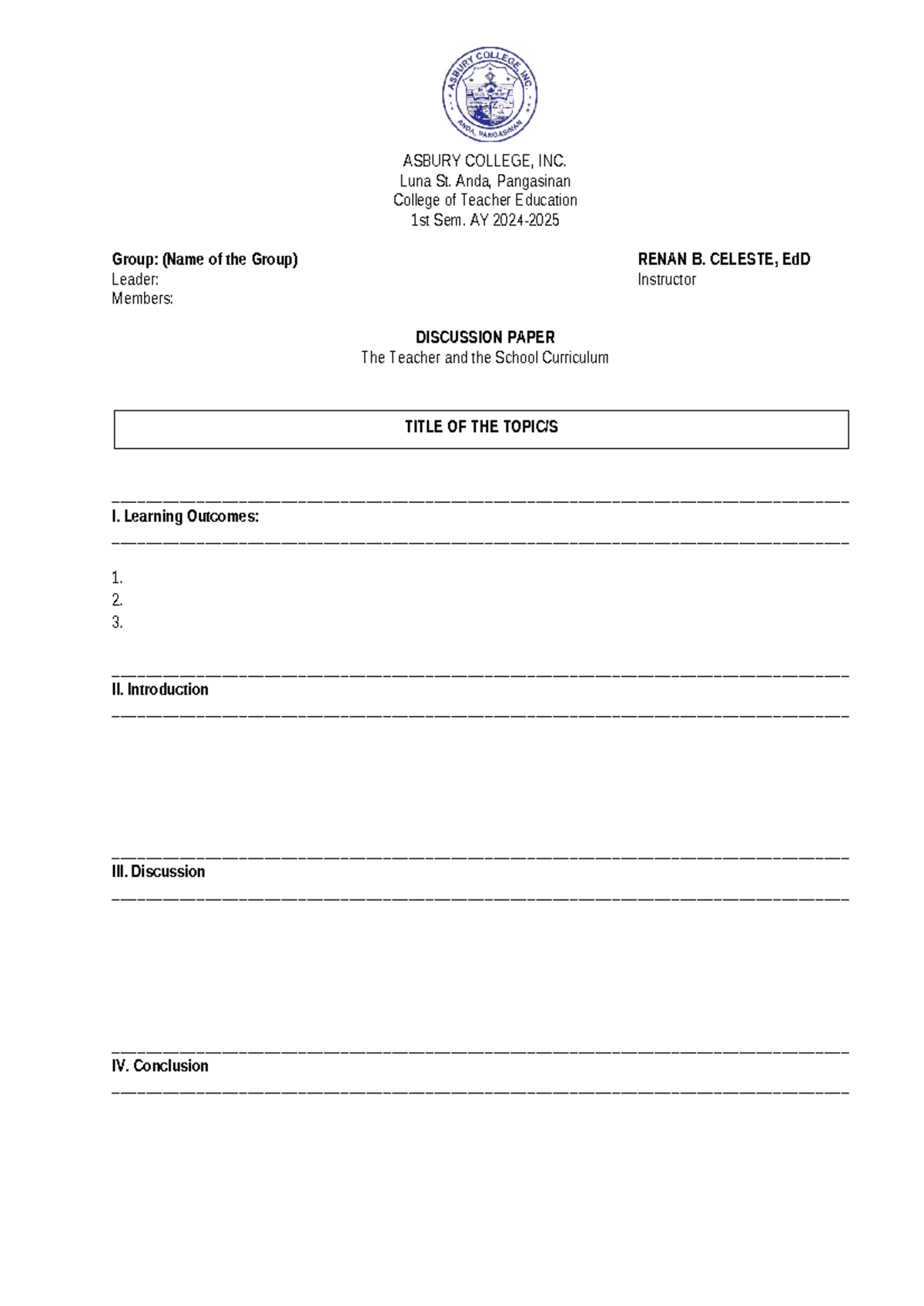 Discussion-Paper-The-Teacher and the School Curriculum - ASBURY COLLEGE ...