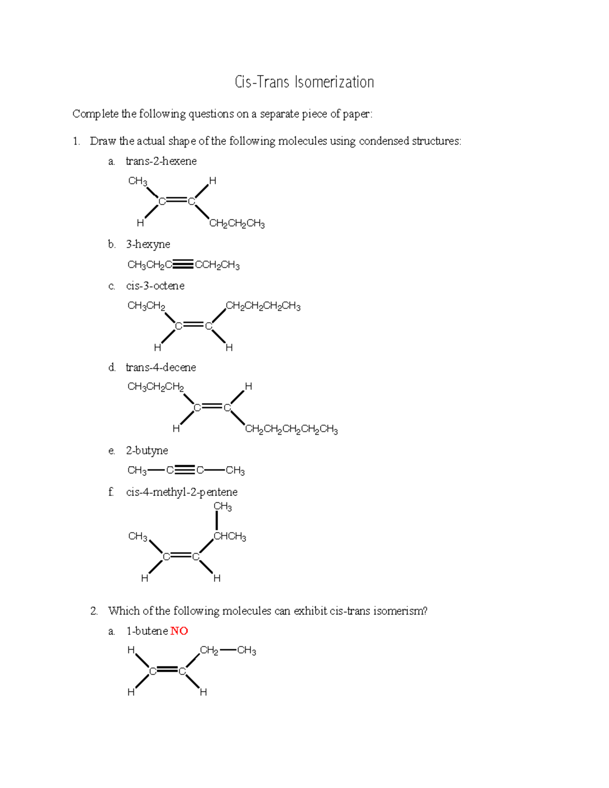 Chemistry 11 - 6-1-3 - Cis-Trans Isomerization (Key) 1 - Cis-Trans ...