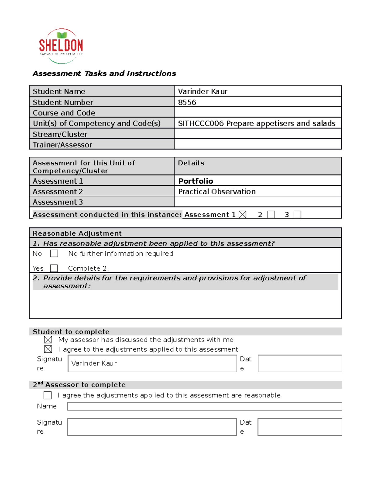 52011 6382 Sithccc 006 Assessment 1 Portfolio - Assessment Tasks And ...