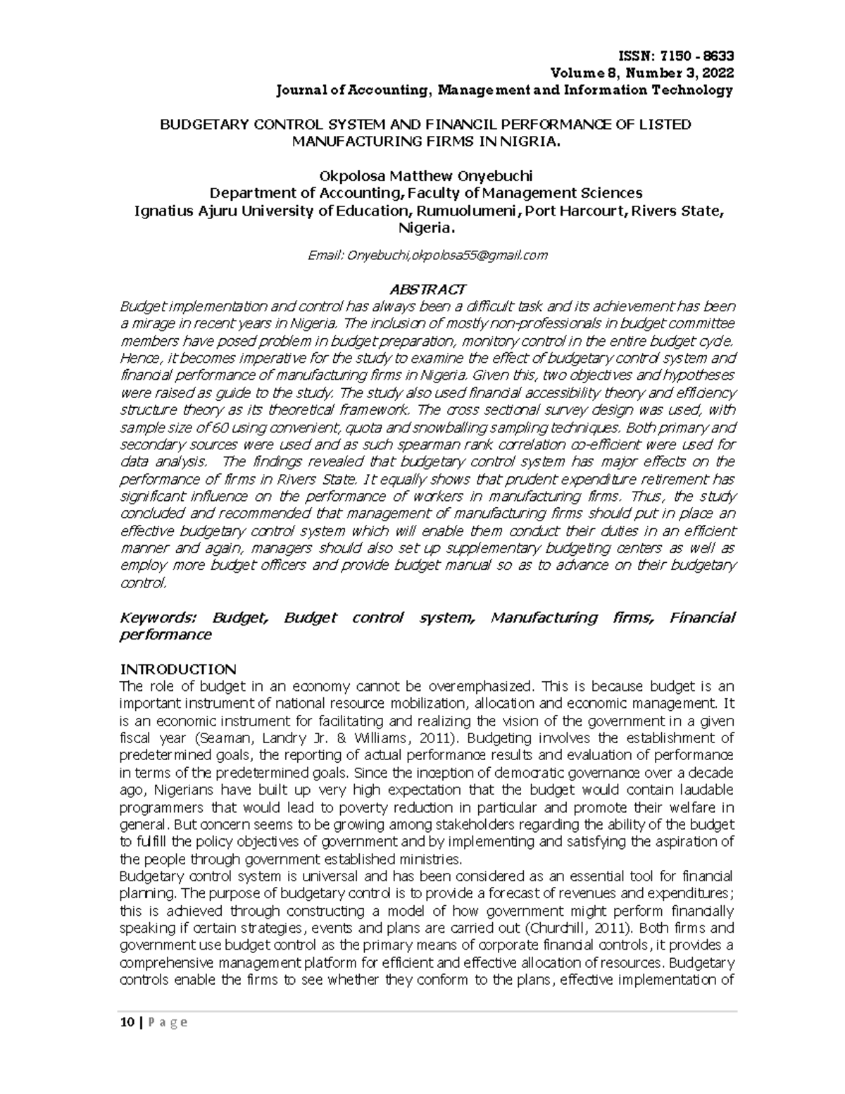 Budgetary+ Control+ System+AND+ Financil+ Performance+OF+ Listed+ ...