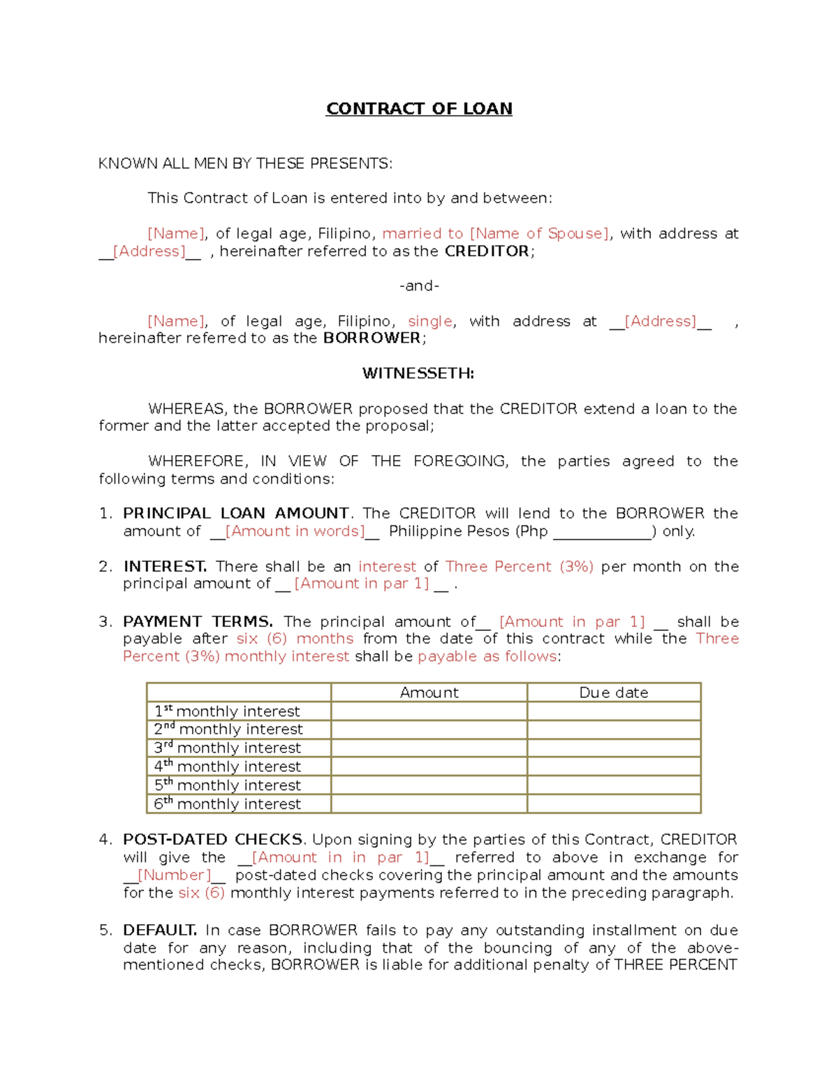 My Legal Whiz - Contract of Loan Simple Loan Agreement - CONTRACT OF ...