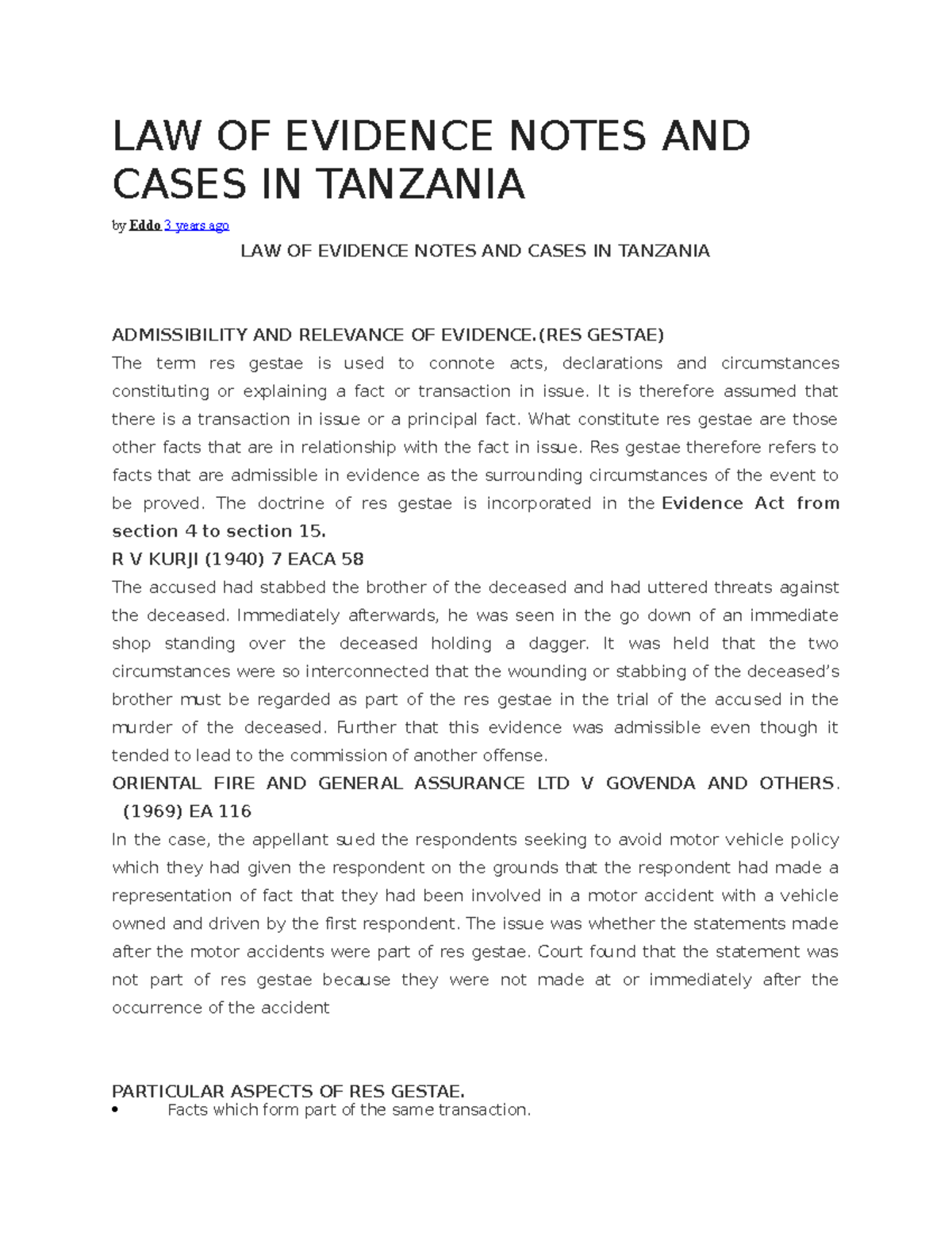 Evidence notes MW LK WKLKL;W LAW OF EVIDENCE NOTES AND CASES IN