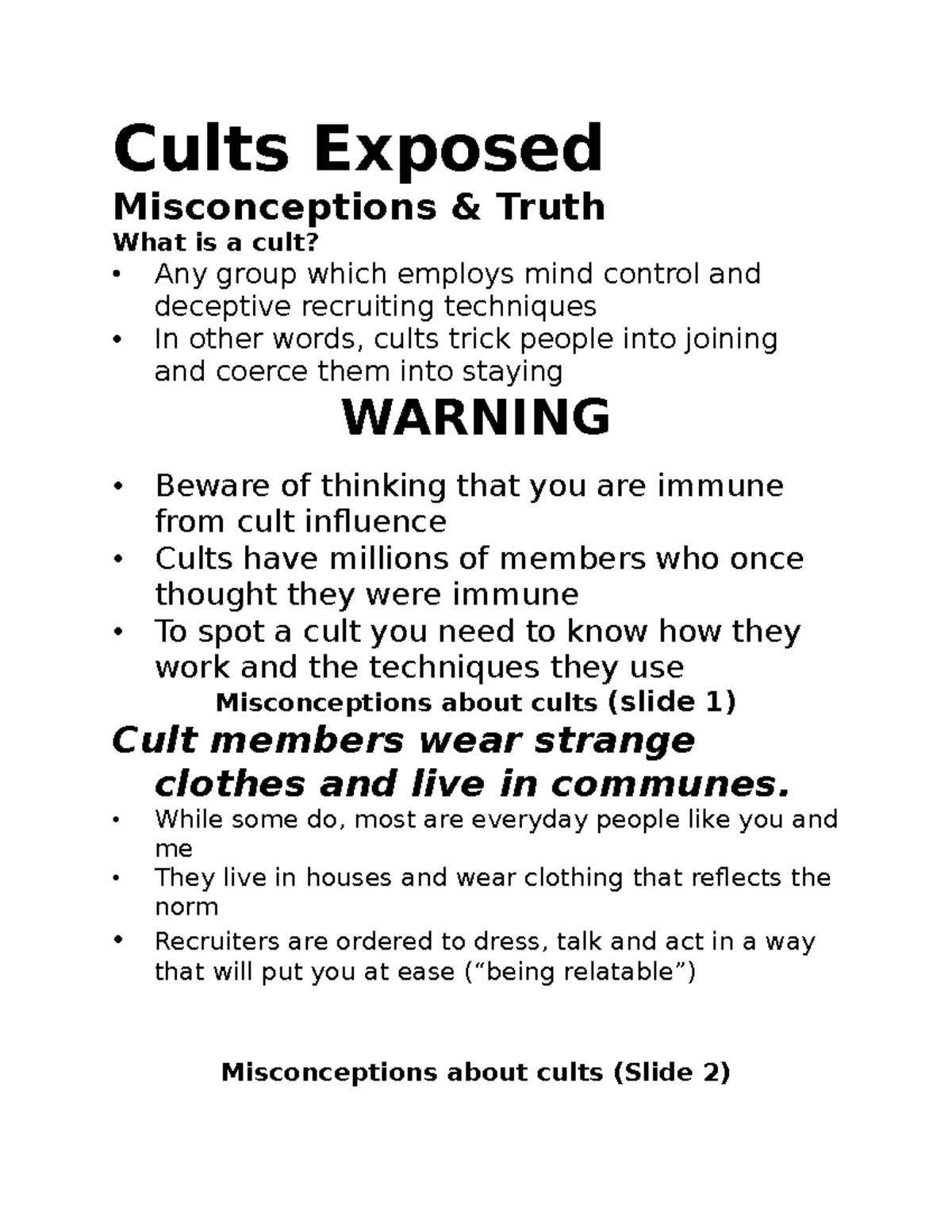 Cults Exposed Lecture notes 4 Cults Exposed Misconceptions Truth