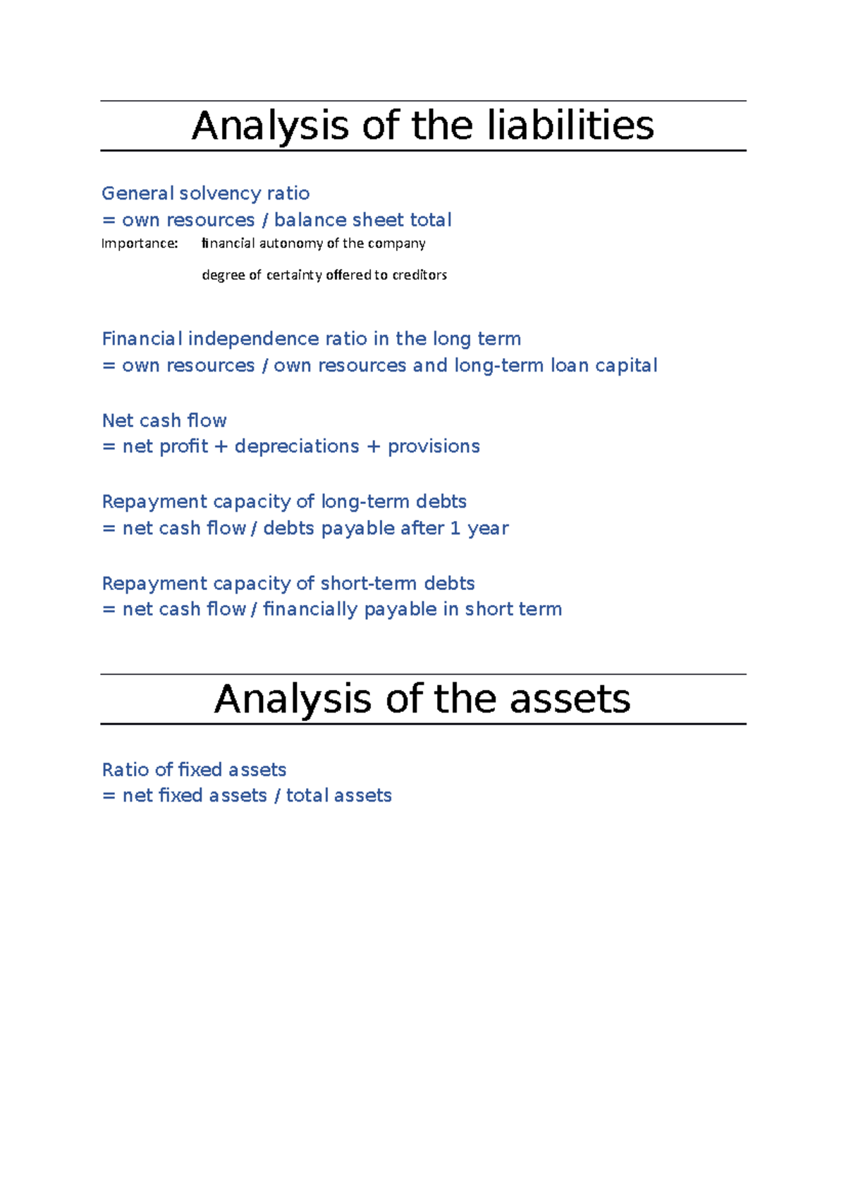 Formulas - Formules Financial management - Analysis of the liabilities ...