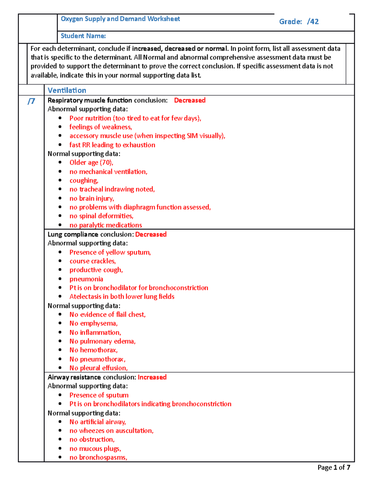 O2 work - asdf - Oxygen Supply and Demand Worksheet Student Name: For ...