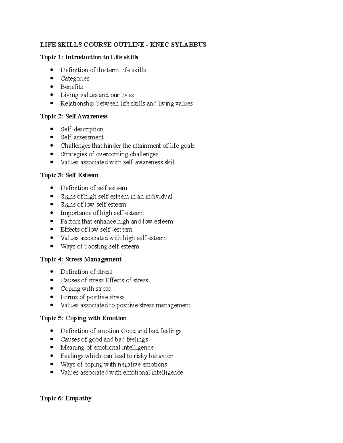 LIFE Skills Course Outline-KNEC Syllabus - LIFE SKILLS COURSE OUTLINE ...