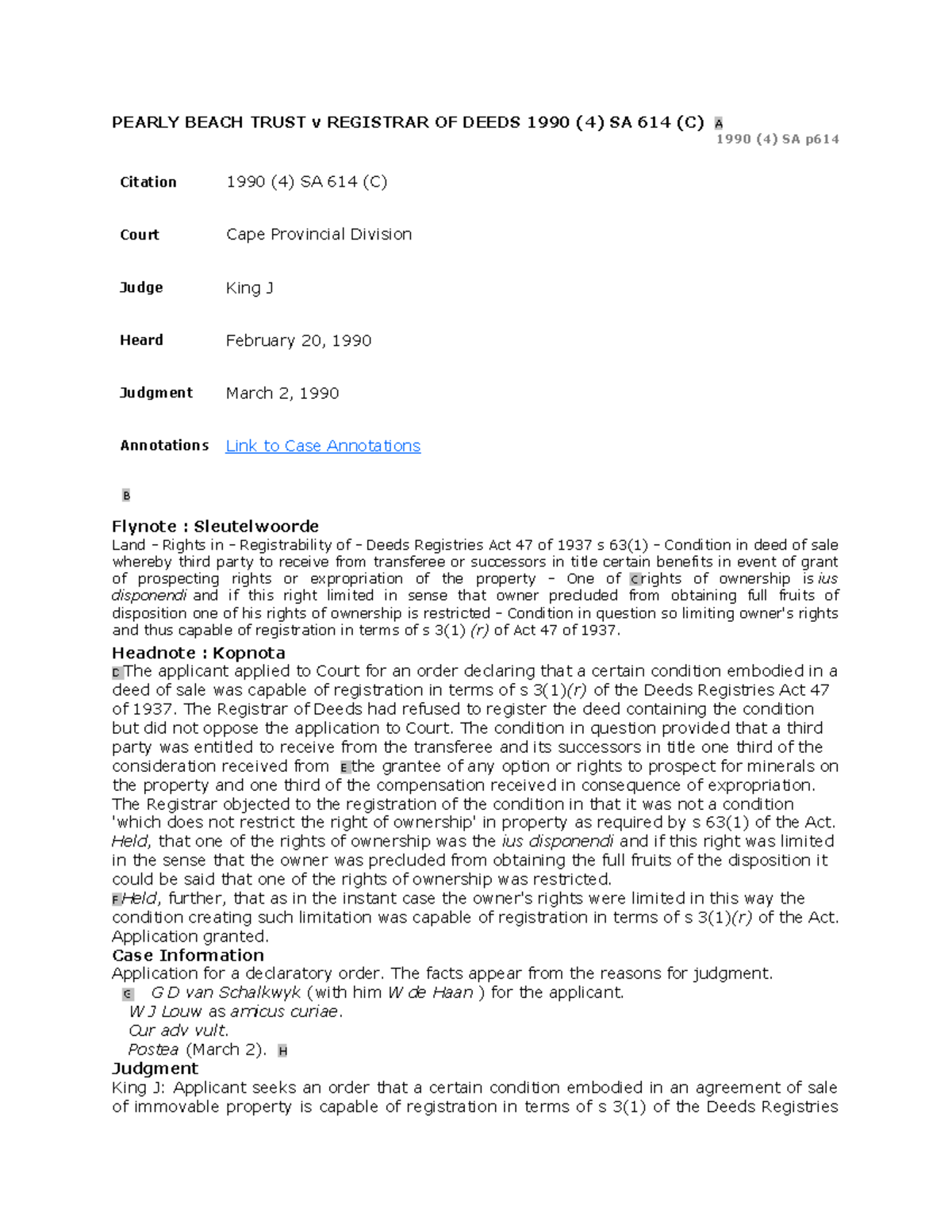 Pearly Beach Trust v Registrar OF Deeds 1990 PEARLY BEACH TRUST v