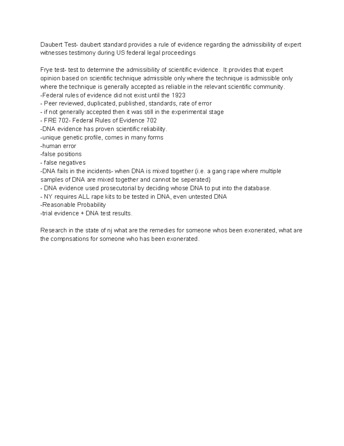 Wrongful Convictions general lecture notes Daubert Test daubert