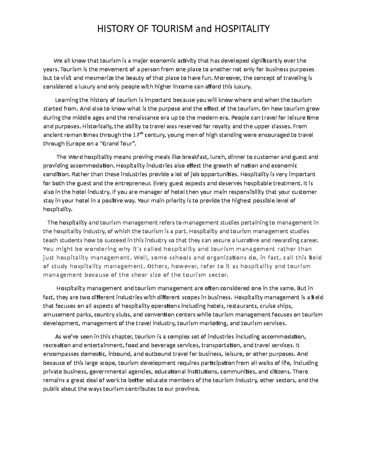 History OF Tourism AND Hospitality HISTORY OF TOURISM And HOSPITALITY 