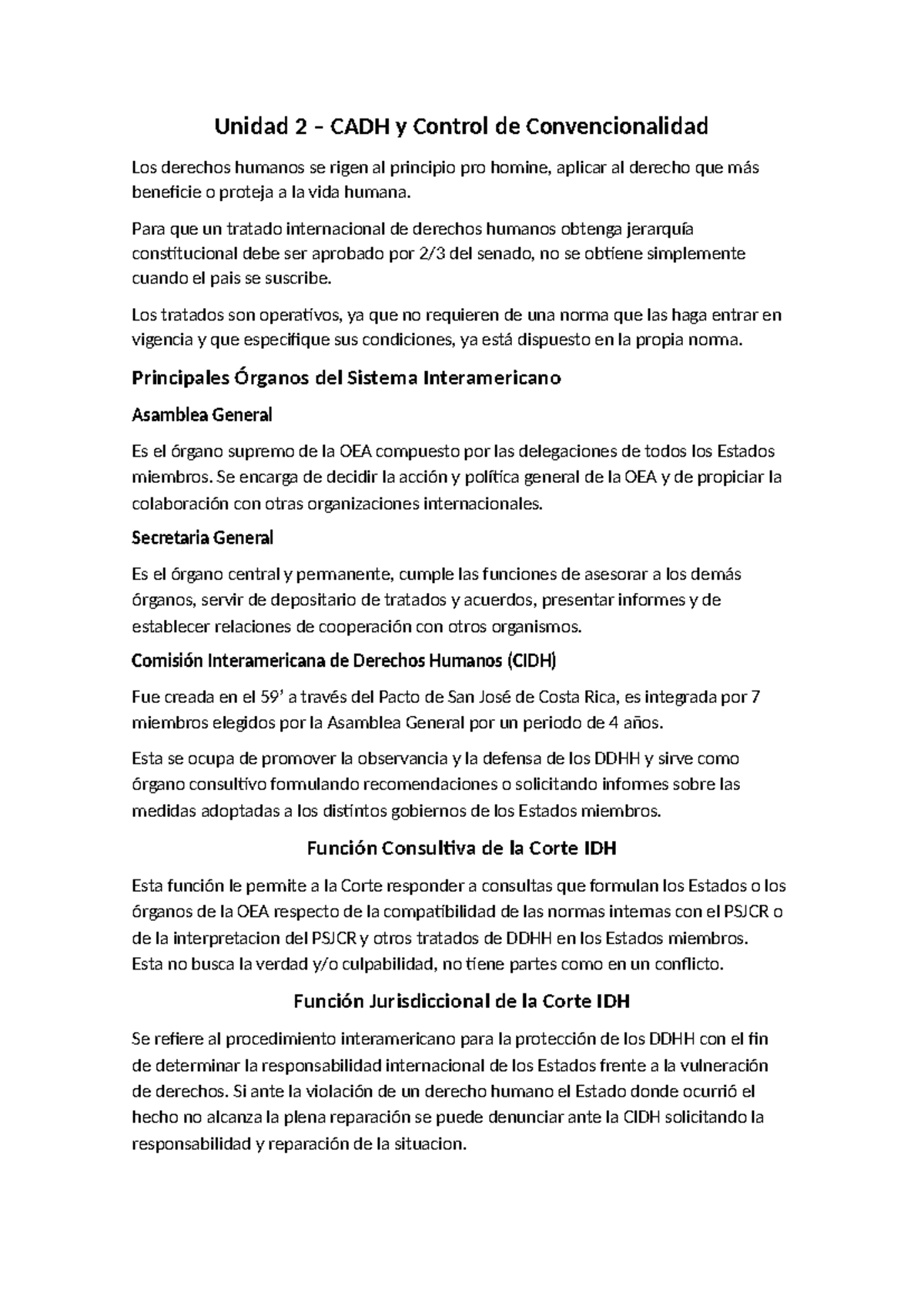 Resumen DDHH - Unidad 2 – CADH y Control de Convencionalidad Los ...