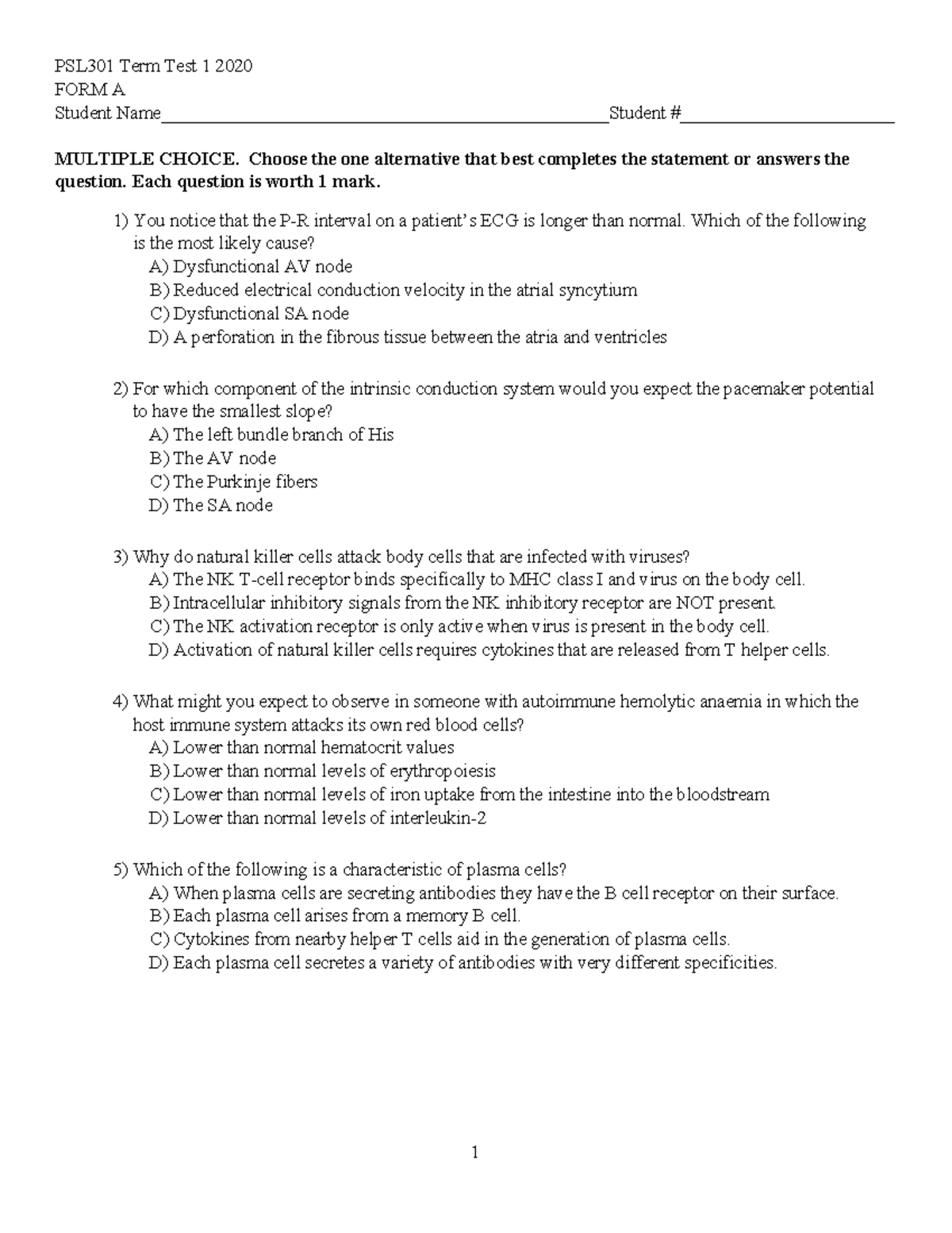 Test 1 sample questions - PSL301 Term Test 1 2020 FORM A Student - Studocu