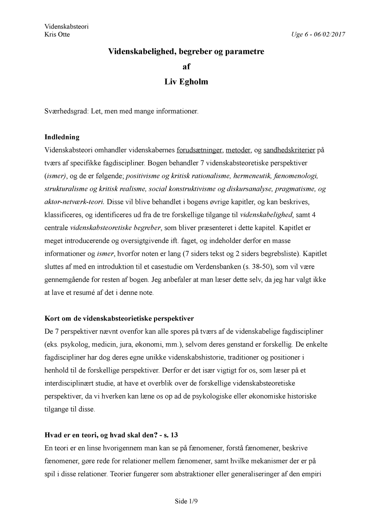 kap Egholm - Videnskabsteori - Philosophy of Science - Kris Otte Uge 6 - 06/02/ Videnskabelighed, - Studocu