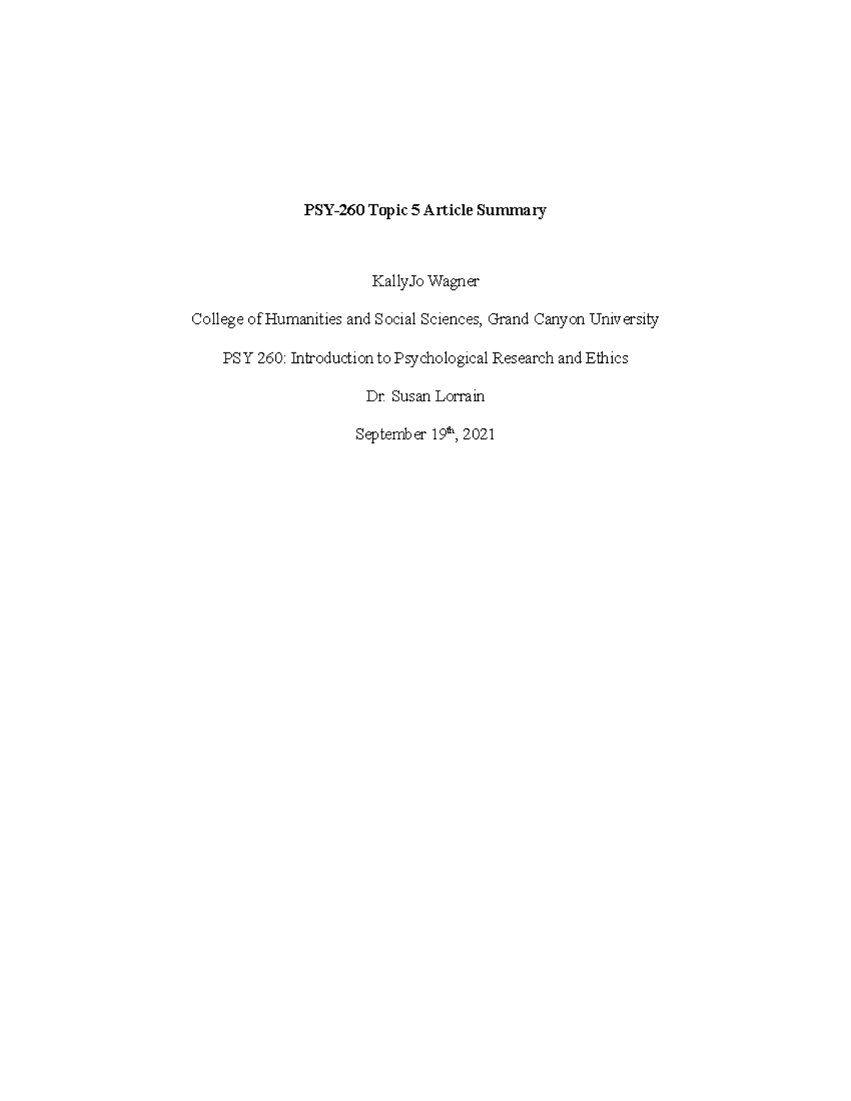 Week 5 Article Summary - PSY-260 Topic 5 Article Summary KallyJo Wagner ...