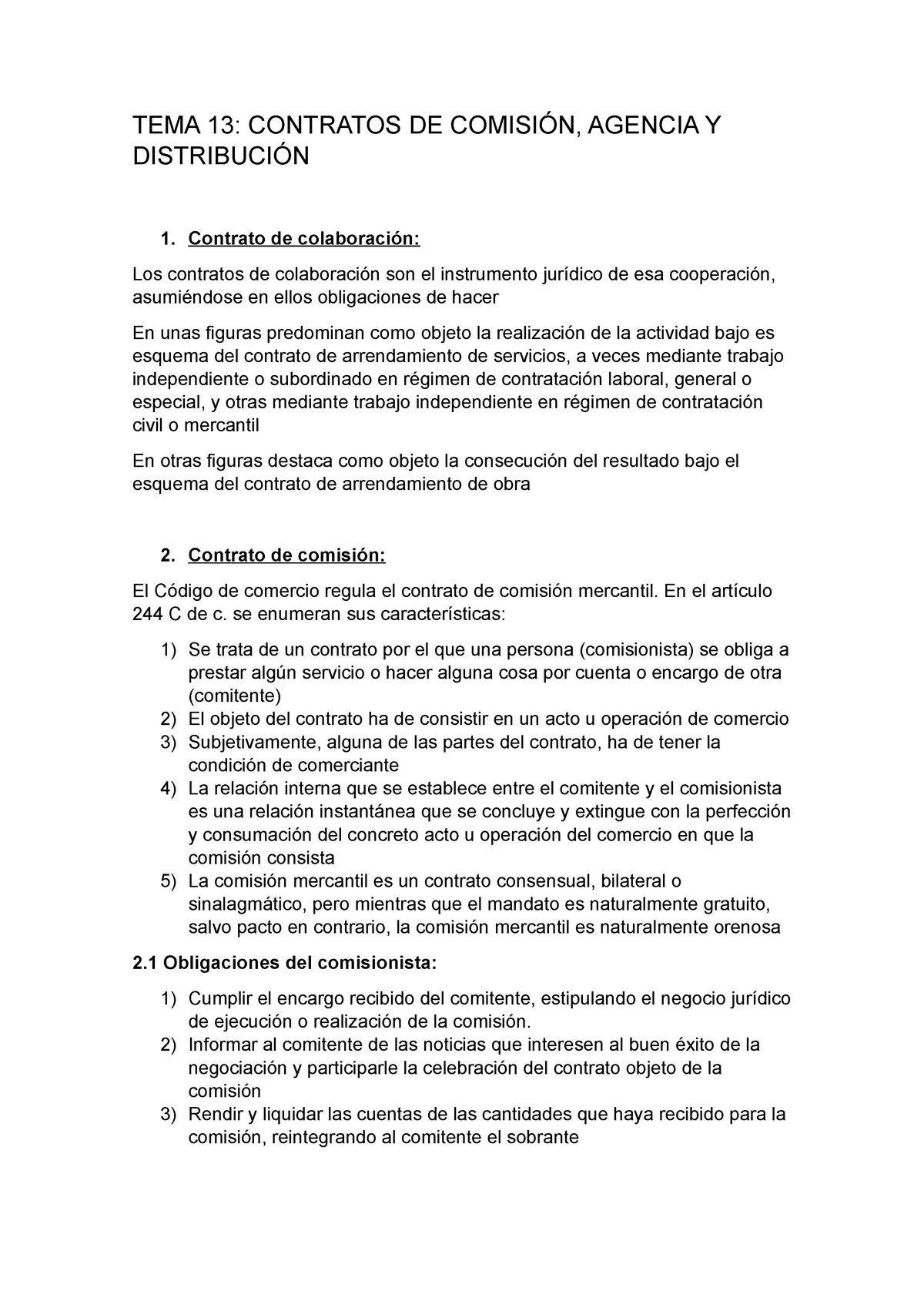 TEMA 13. Contratos de comisión, agencia y distribución - TEMA 13: CONTRATOS  DE COMISIÓN, AGENCIA Y - Studocu