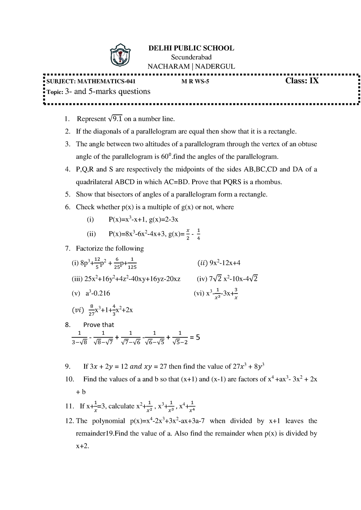 important-math-3-and-5-marker-questions-class-9-cbse-delhi-public