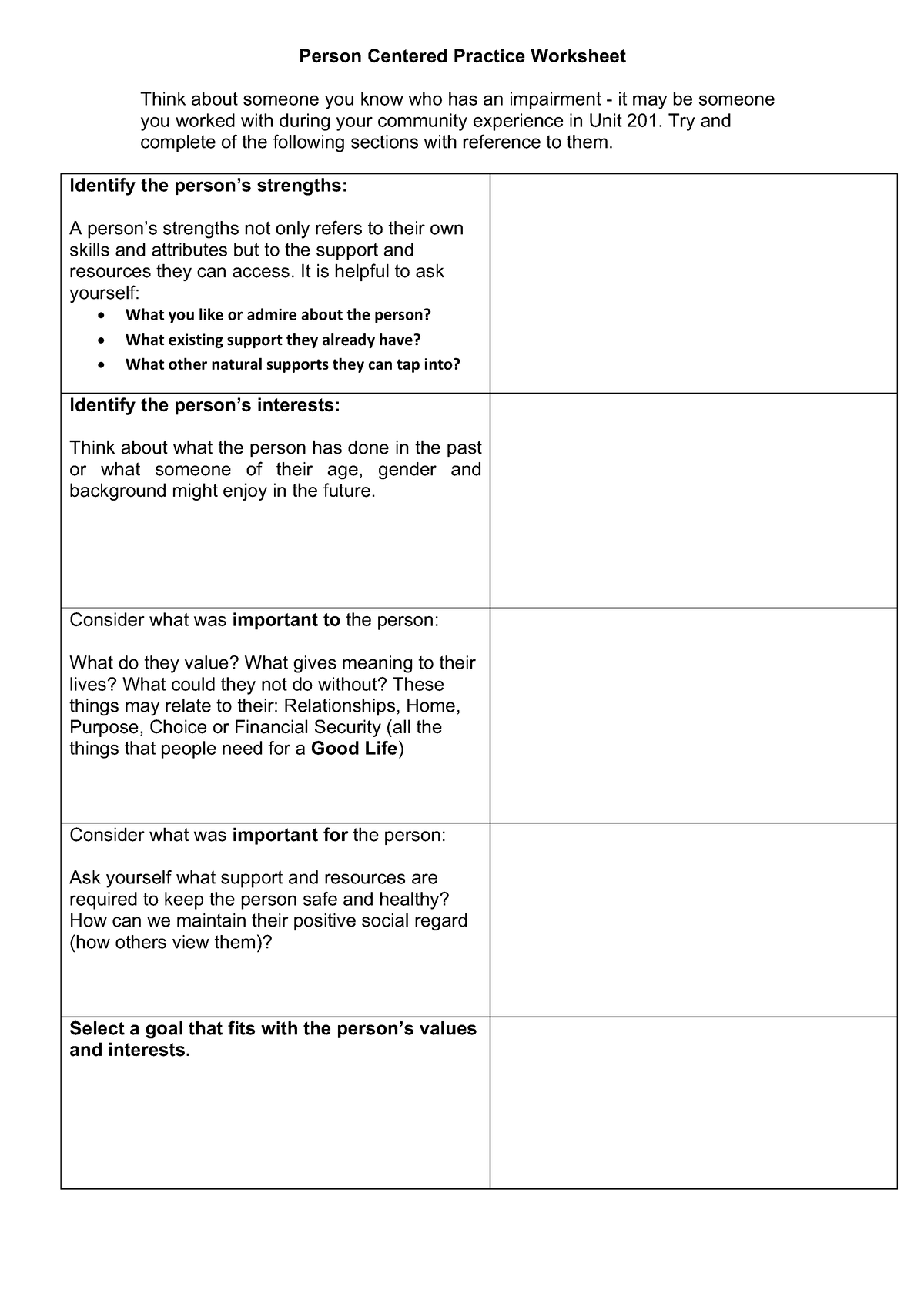 2022 Person Centered Practice Worksheet - Copy - Person Centered ...