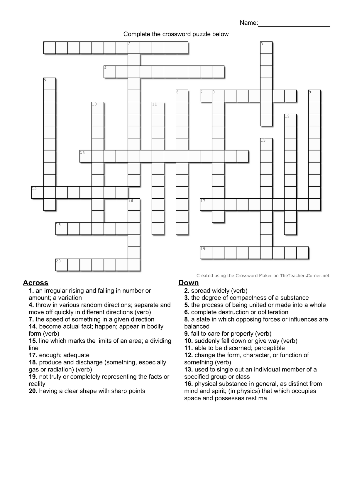 Meh free entry plks Complete the crossword puzzle below Name: 1 2 3 4