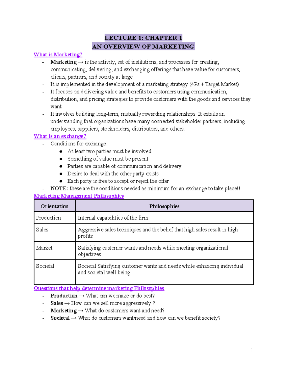 Marketing Management Notes - LECTURE 1: CHAPTER 1 AN OVERVIEW OF ...