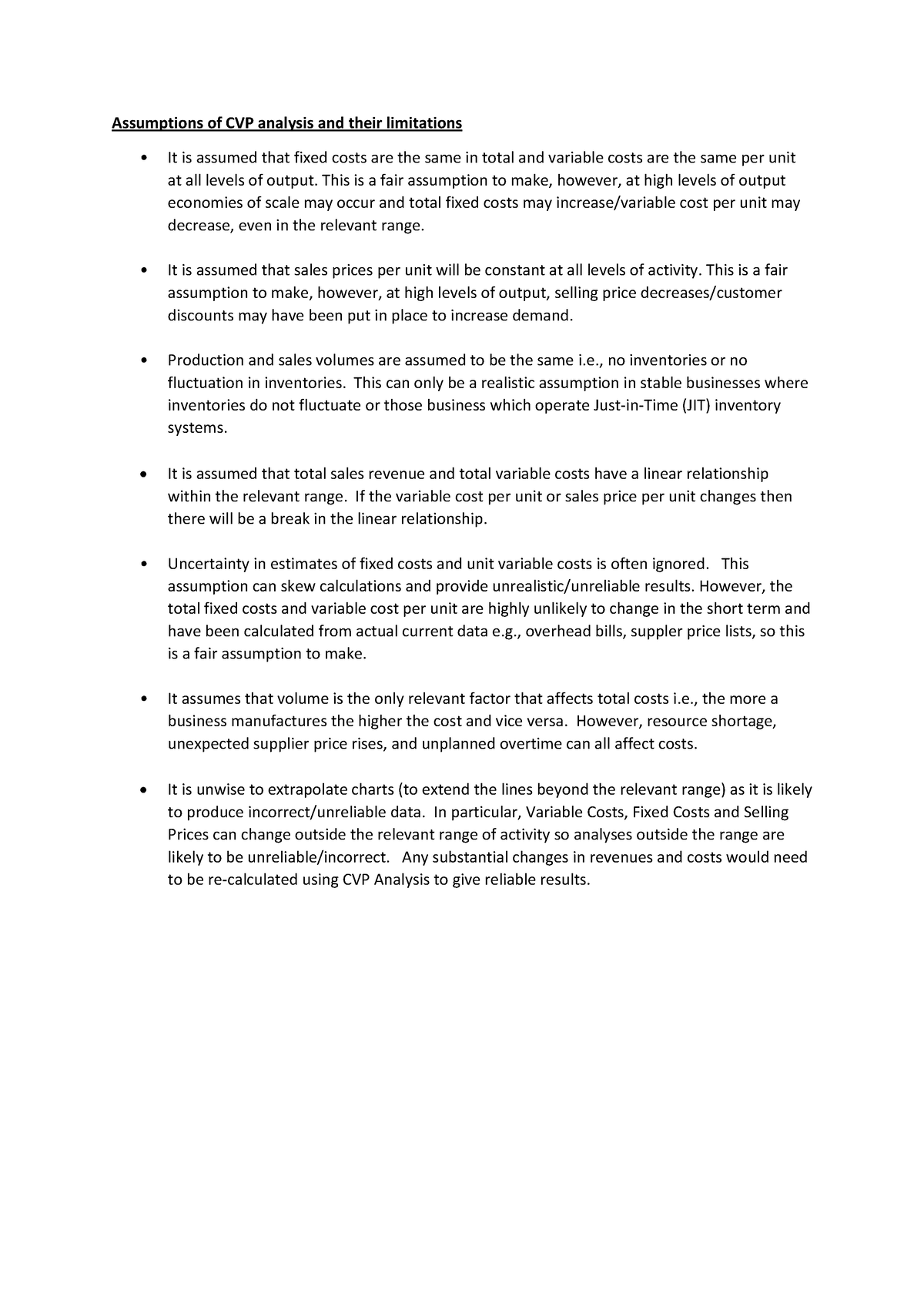 Assumptions And Limitations Of Cvp Analysis Assumptions Of Cvp Analysis And Their Limitations 4162