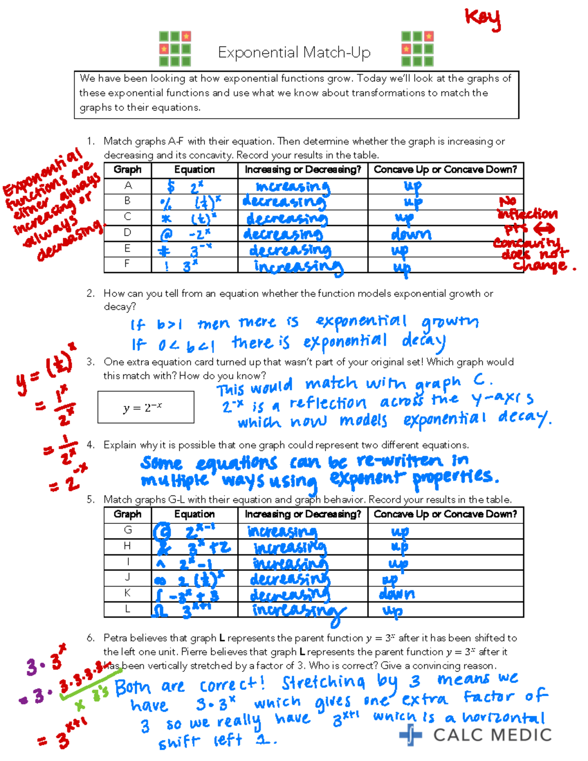 Lesson 4.5 Answer Key - AP Precalculus - Calc Medic - Exponential Match ...